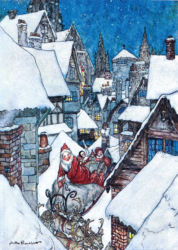 Arthur Rackham Santa Amongst the Rooftops Christmas Card Pack