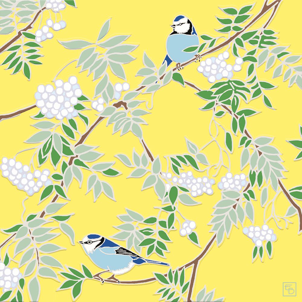 Emily Burningham Blue Tits and Rowan Art Card