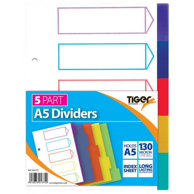 Tiger A5 Polypropylene Subject Dividers – 5 Part