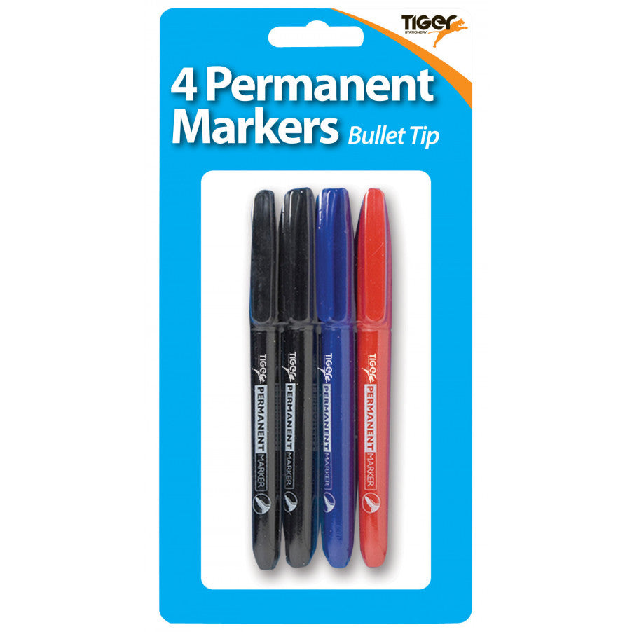 Tiger Bullet Tip Permanent Markers – Pack of 4 Assorted