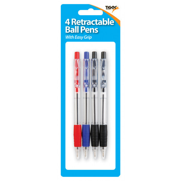 Tiger Retractable Ballpoint Pens with Easy Grip – Pack of 4, Assorted Colours