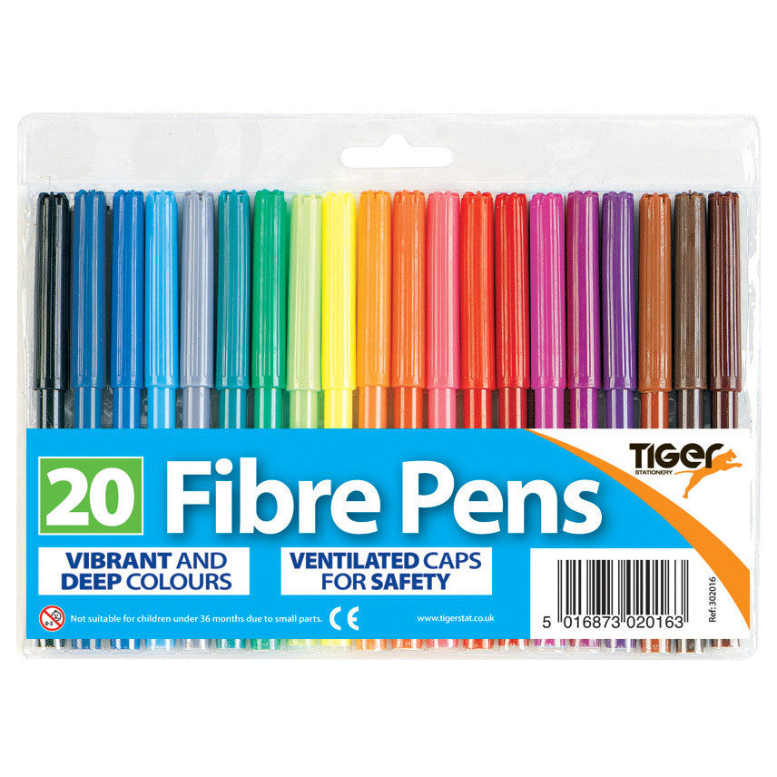 Tiger Fibre Tip Pens – Wallet of 20, Assorted Colours