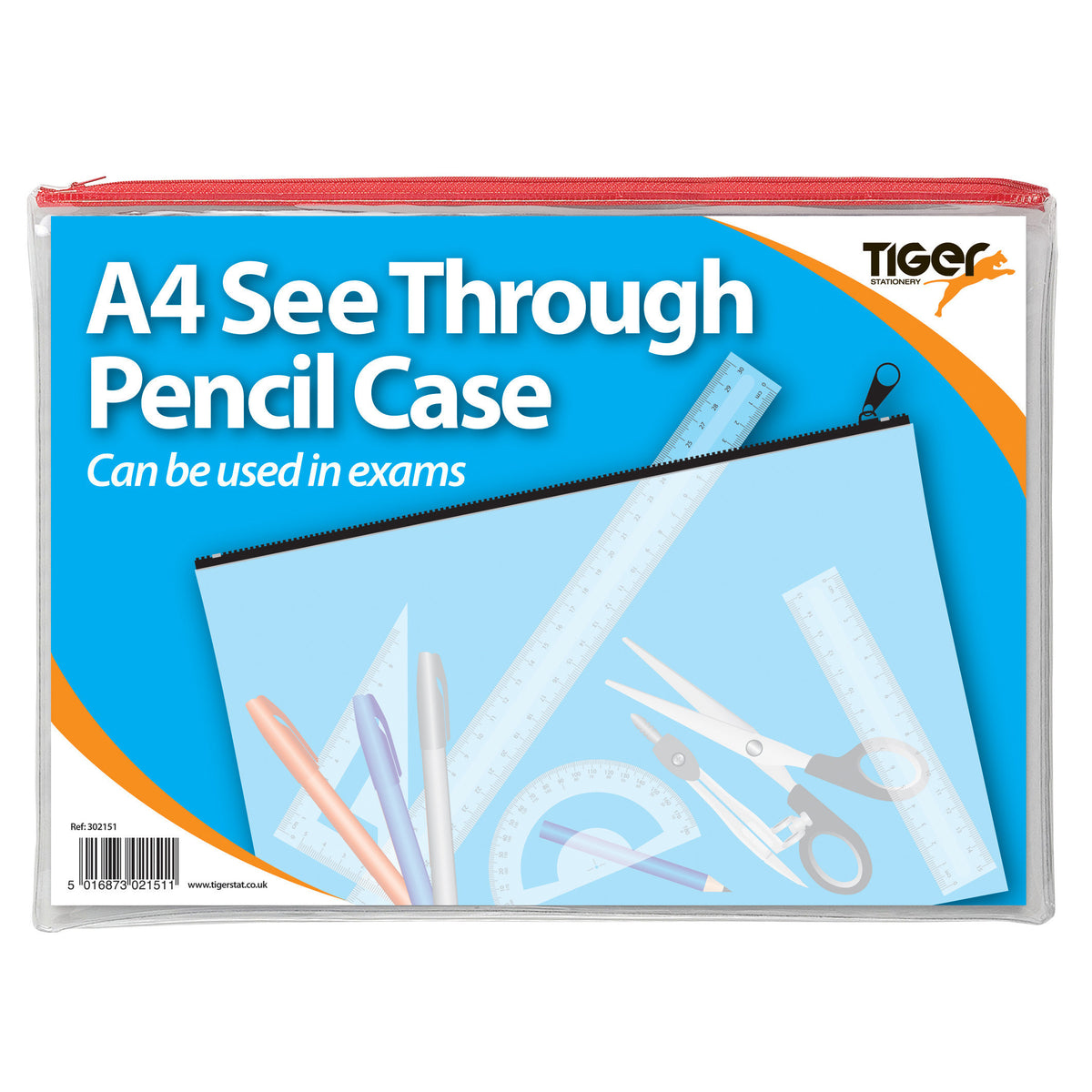 Tiger A4 Flat Clear Exam Pencil Case – Assorted Zip Colours