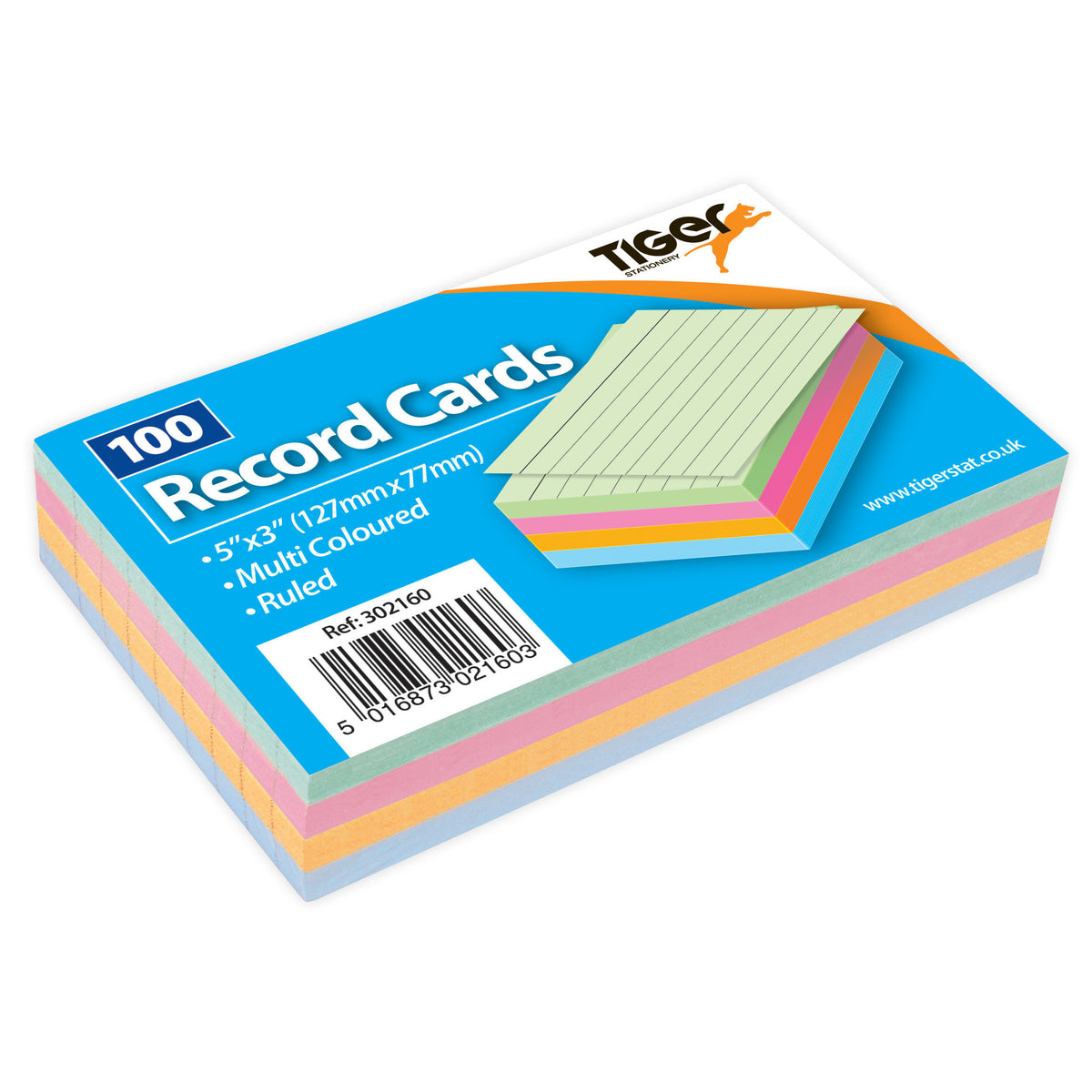 Tiger Coloured Record Cards 5 x 3 inch – Ruled, 100 Cards