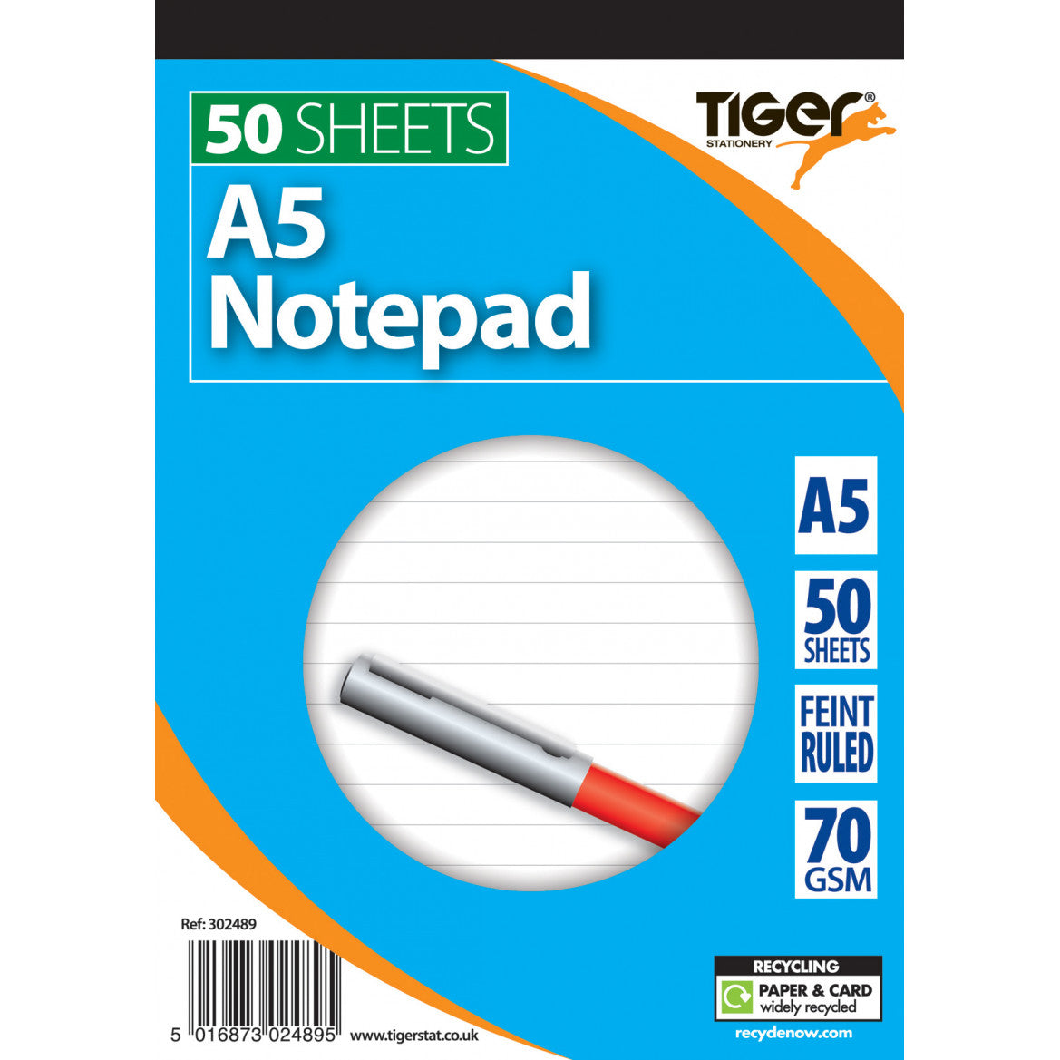 Tiger A5 Top-Bound Notepad – 8mm Feint Ruled, 50 Sheets