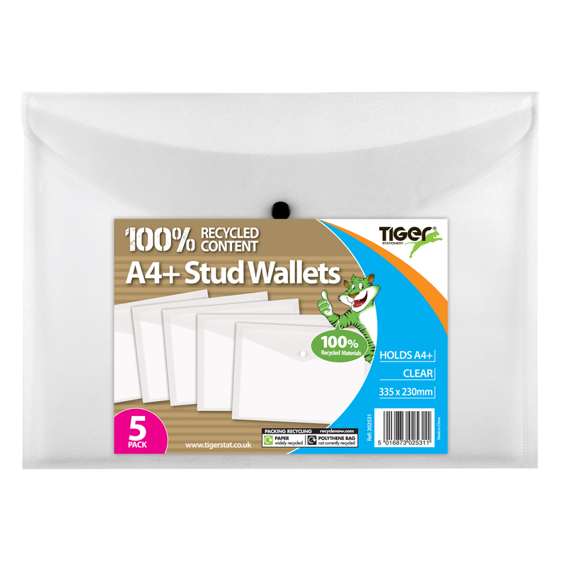 Tiger A4+ 100% Recycled Stud Wallets – Pack of 5 Clear