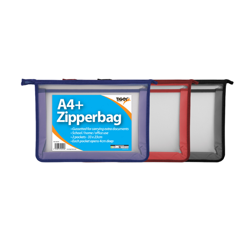 Tiger A4+ Zipper Bag Expanding Wallet – Assorted Colours