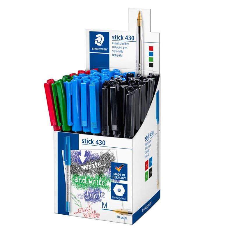 Staedtler stick 430 M ballpoint pens, display box of 50, assorted colours
