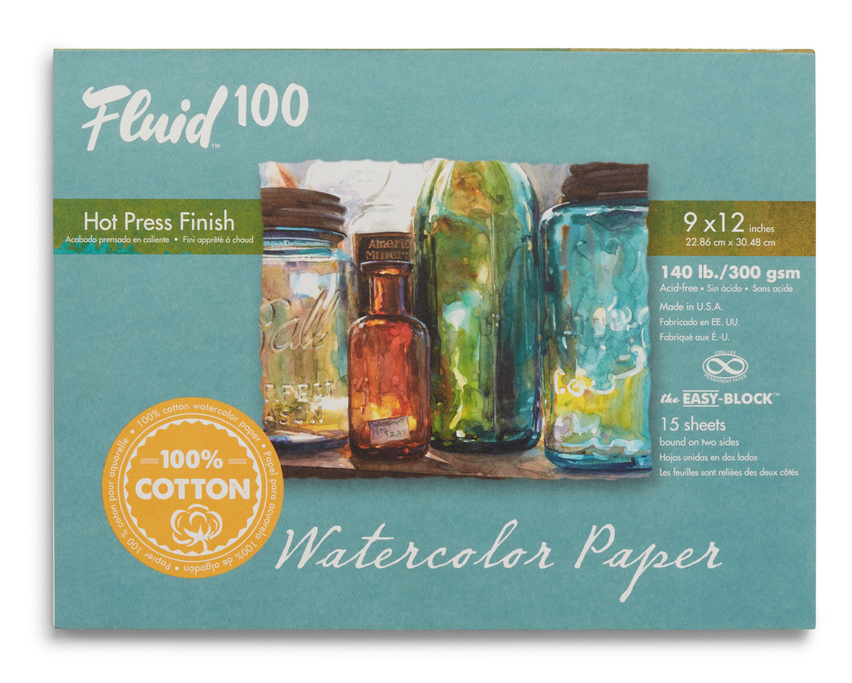 Fluid 100 Watercolour Block 140lb, Hot Pressed 9 x 12in (22.9 x 30.5cm)