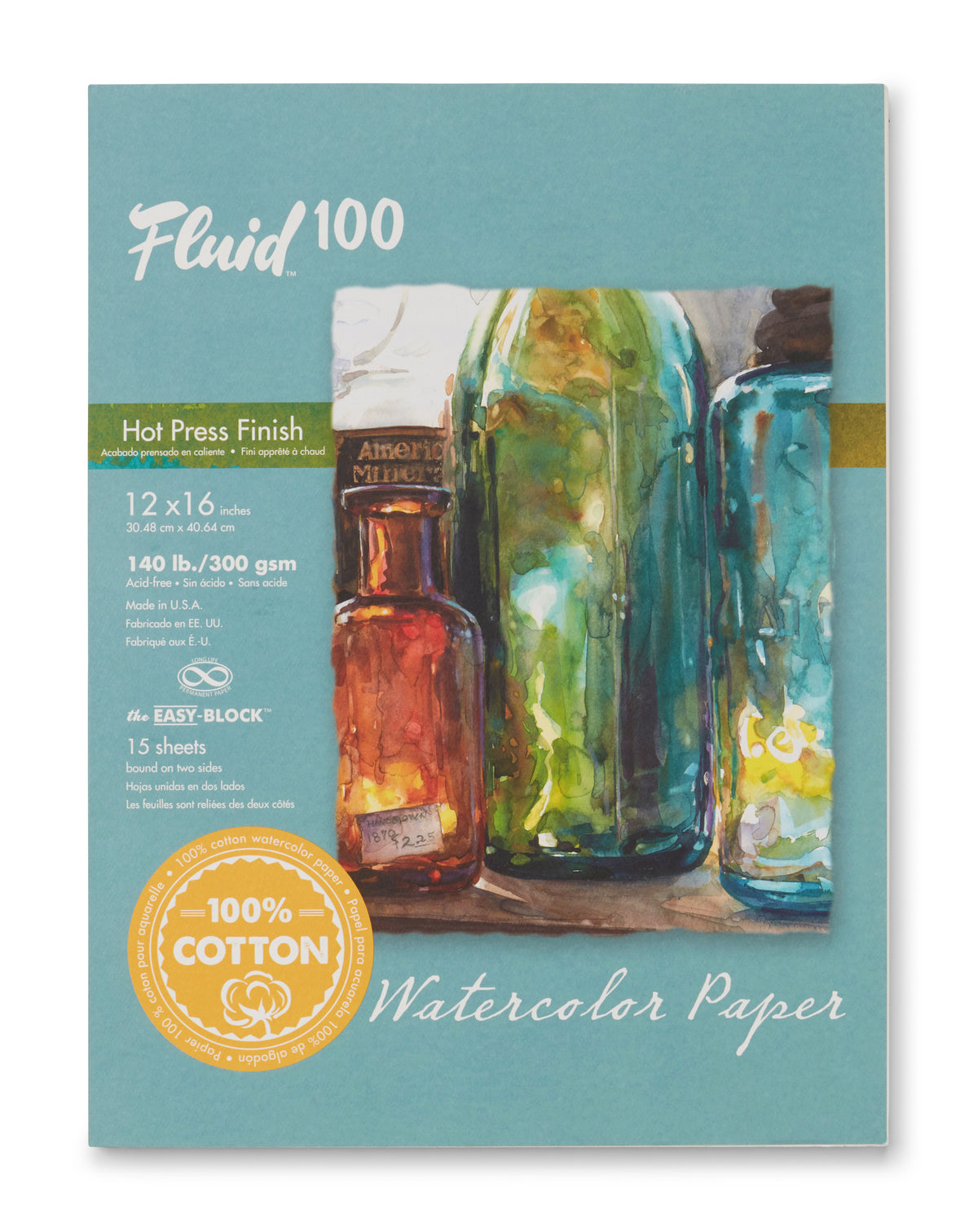 Fluid 100 Watercolour Block 140lb, Hot Pressed 12 x 16in (30.5 x 40.6cm)