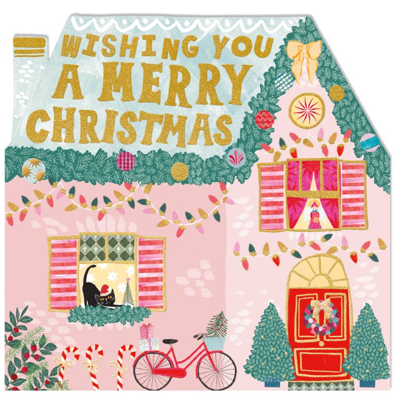 Deck the Halls Pink House Christmas Card