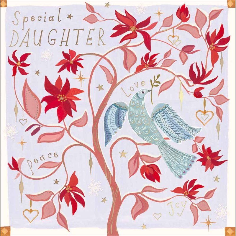 Peace, Love and Joy Dove and Poinsettia Tree Christmas Card for Daughter