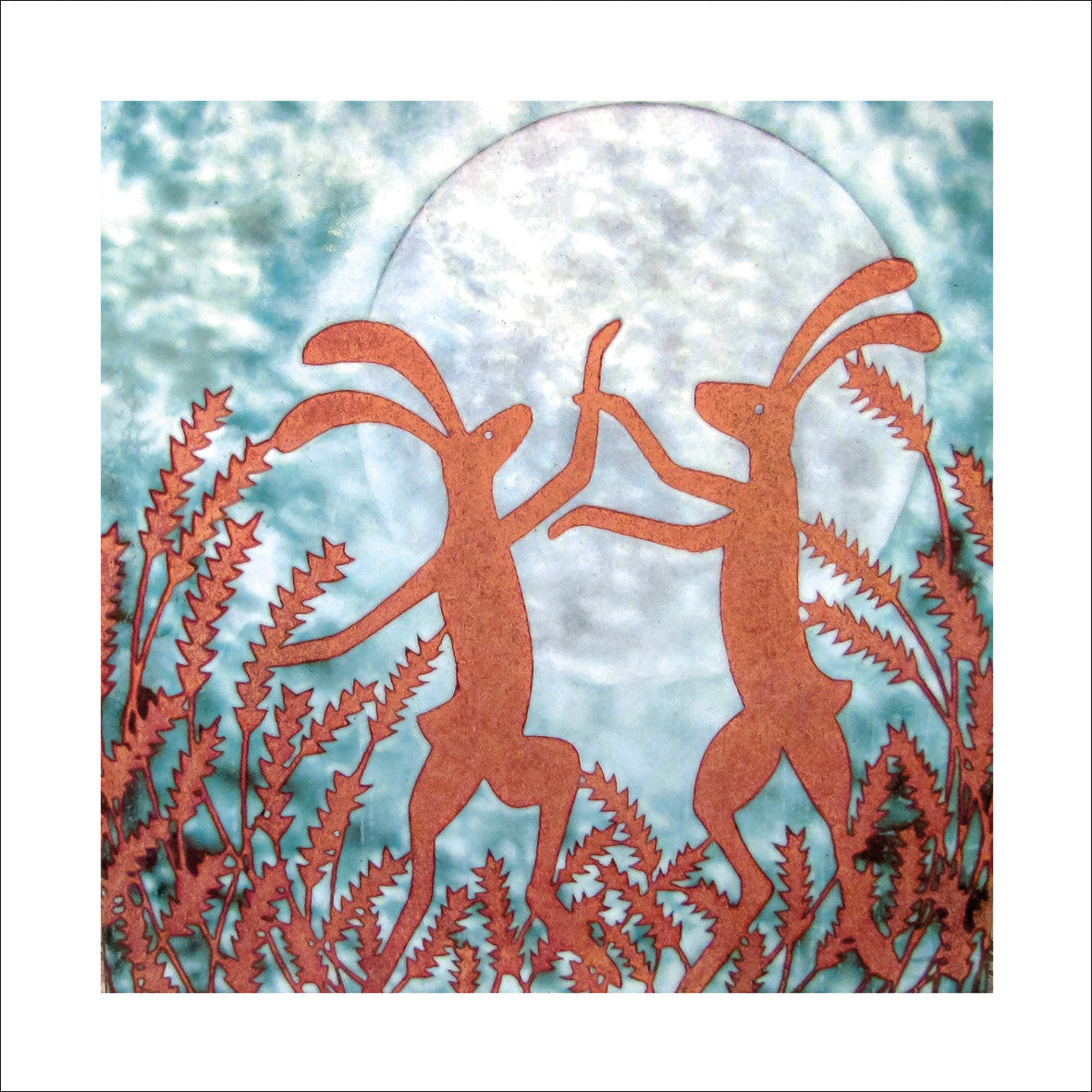 Boxing Hares Card by Janine Partington