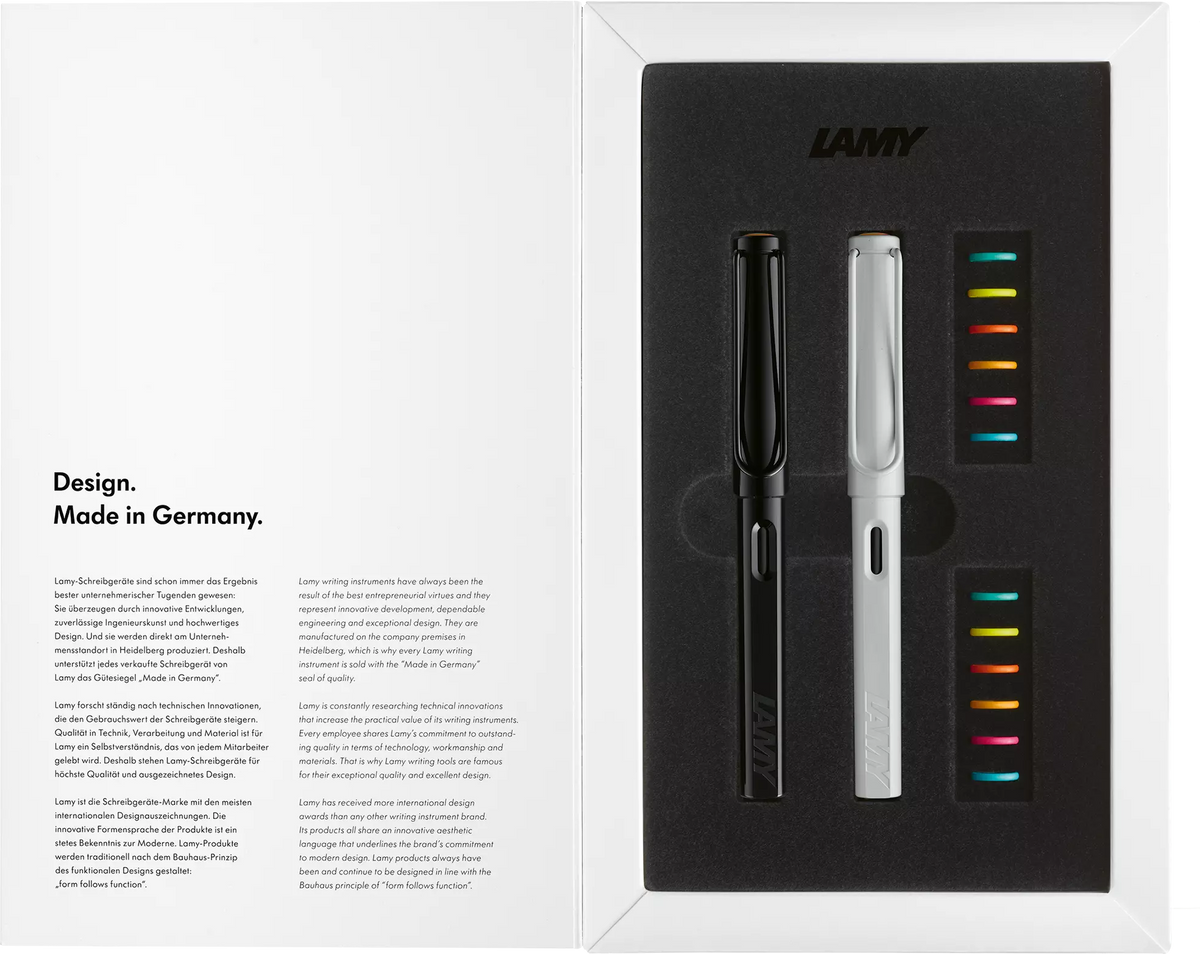 LAMY Safari All White & All Black Fountain Pen Gift Set | Medium (M) Nib