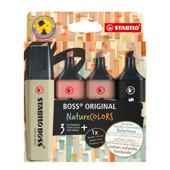 STABILO BOSS ORIGINAL NatureCOLORS Highlighters – Wallet of 4 (Mud Green, Umber, Sienna, Black)