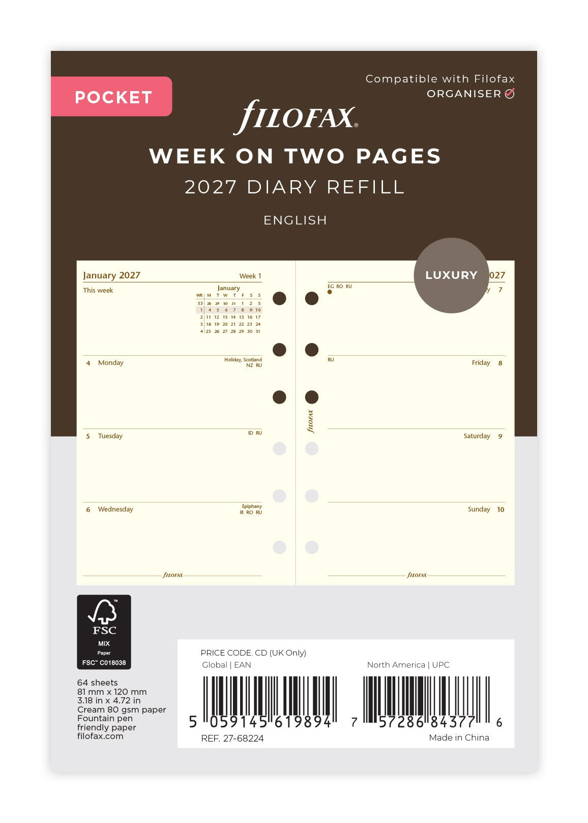 Filofax Pocket Week on Two Pages Diary Refill 2027 – Cotton Cream Paper