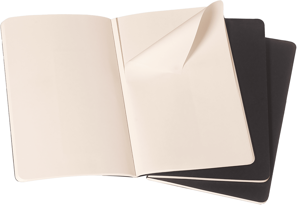 Moleskine pocket black Cahier Journal open showing plain ivory pages