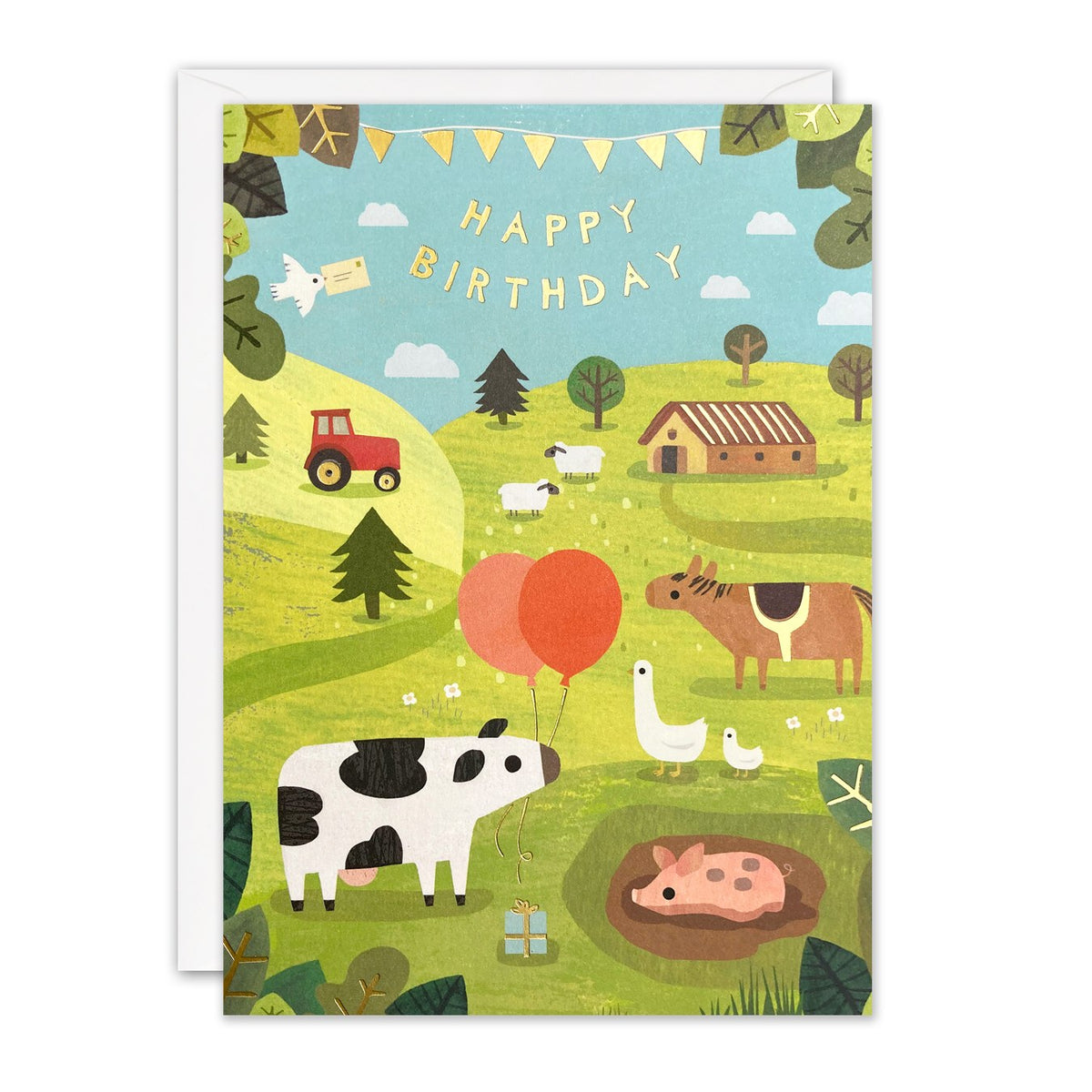 Children's birthday card with a cow holding balloons, a pig in mud, sheep and a tractor in green fields, with gold foil