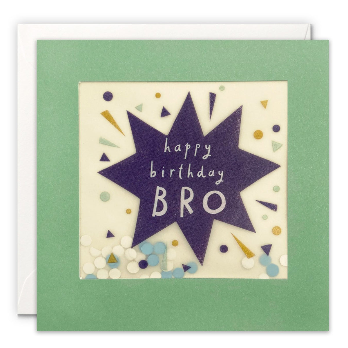Green card with a navy star reading 'happy birthday BRO' and blue and white paper confetti