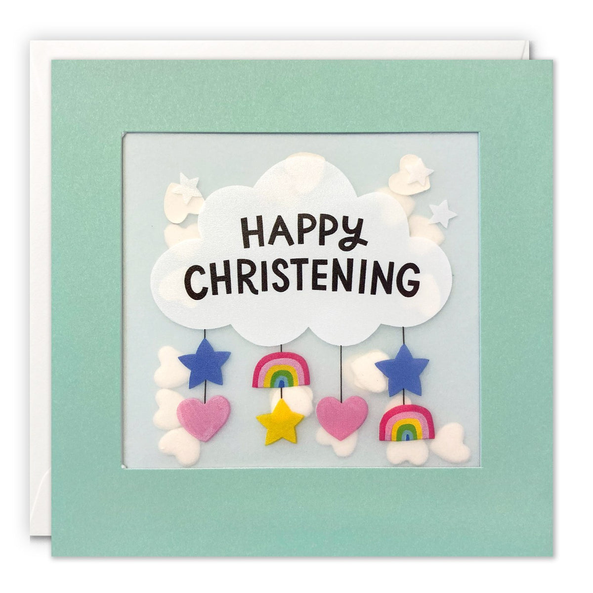 Aqua christening card with a cloud reading 'Happy Christening' and a mobile of stars and rainbows