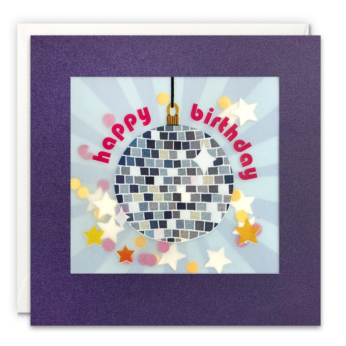 Purple birthday card with a mosaic disco ball and 'happy birthday' in a confetti-filled window