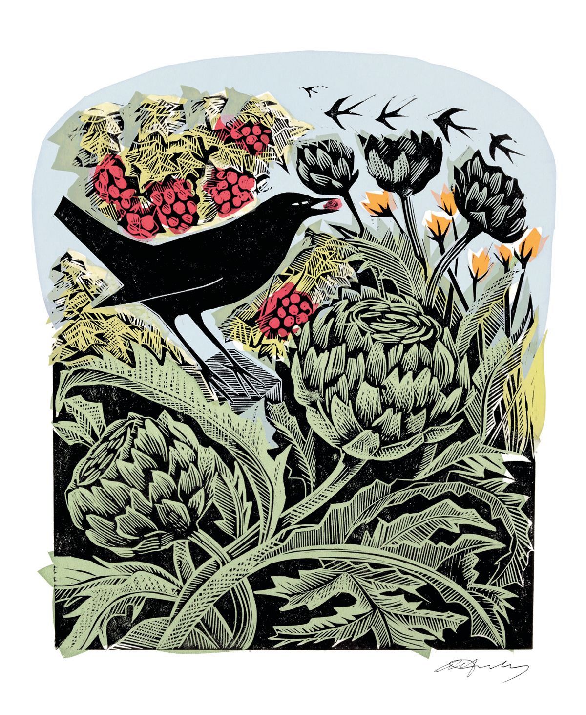 Angela Harding Blackbird and Artichoke Art Card
