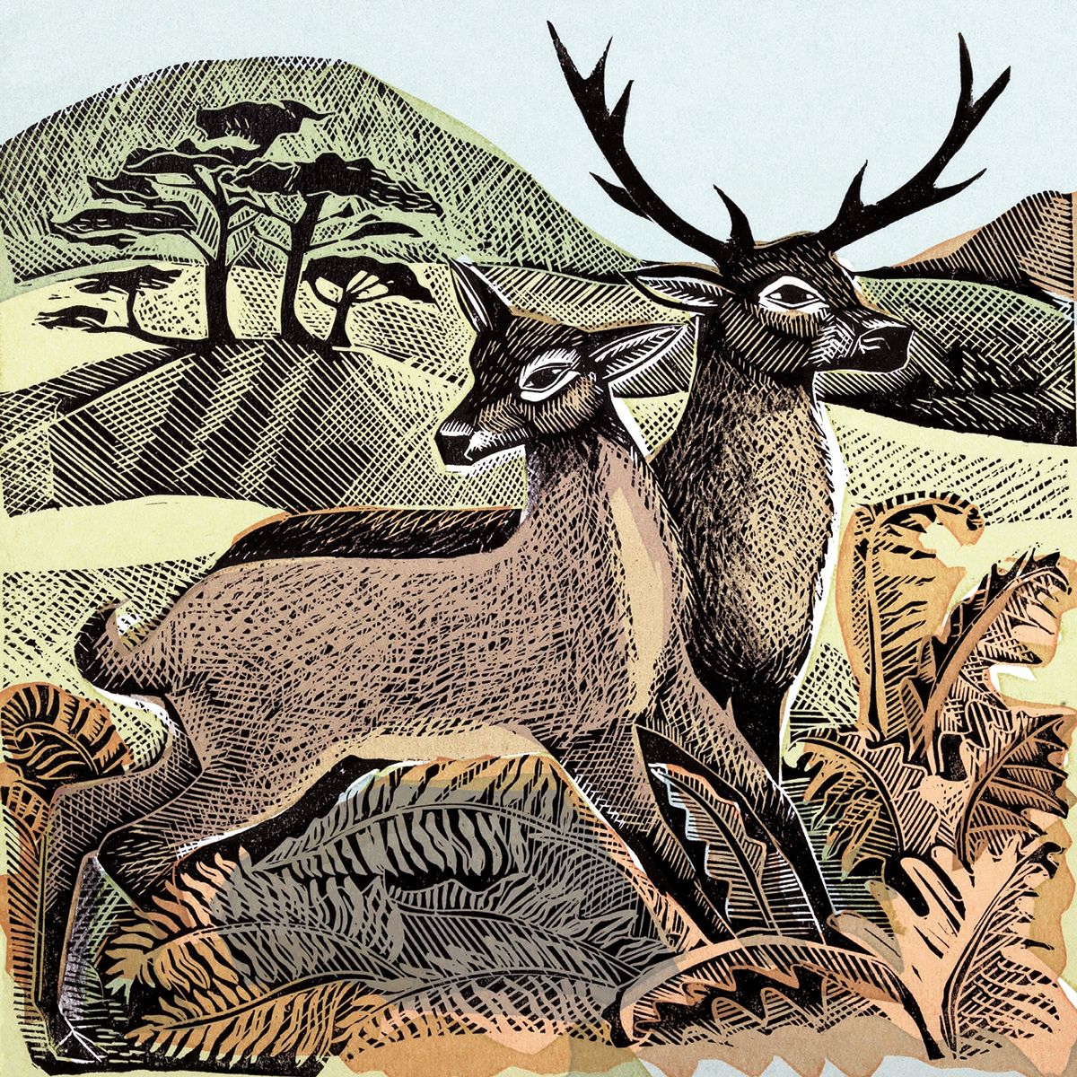 Angela Harding Deer & Autumn Bracken Art Card