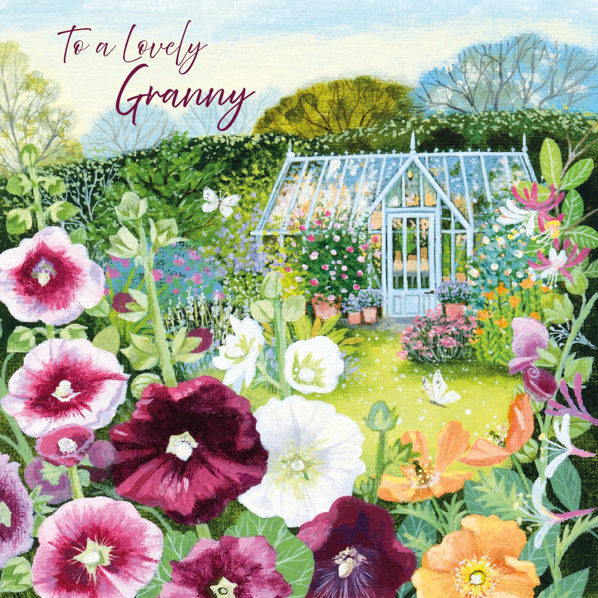 Lucy Grossmith Greenhouse and Hollyhocks Granny Birthday Card