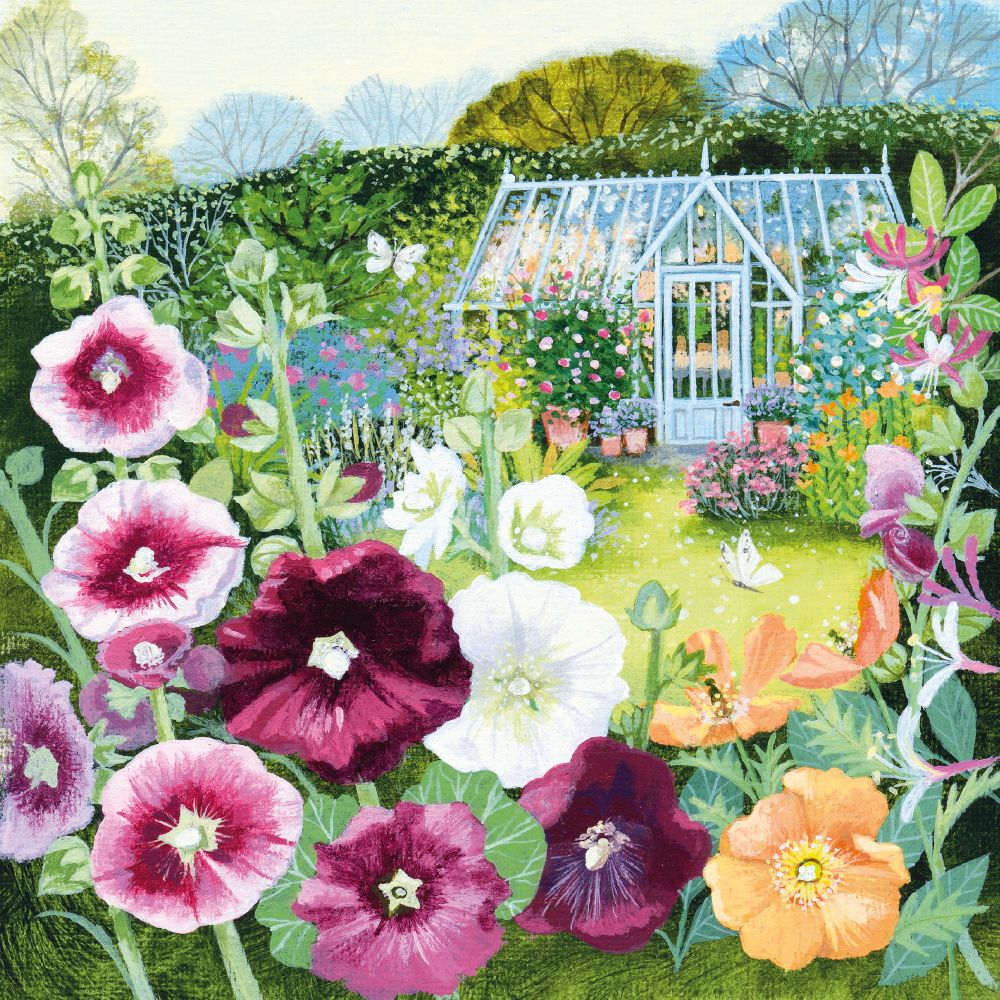 Lucy Grossmith Greenhouse and Hollyhocks Art Card