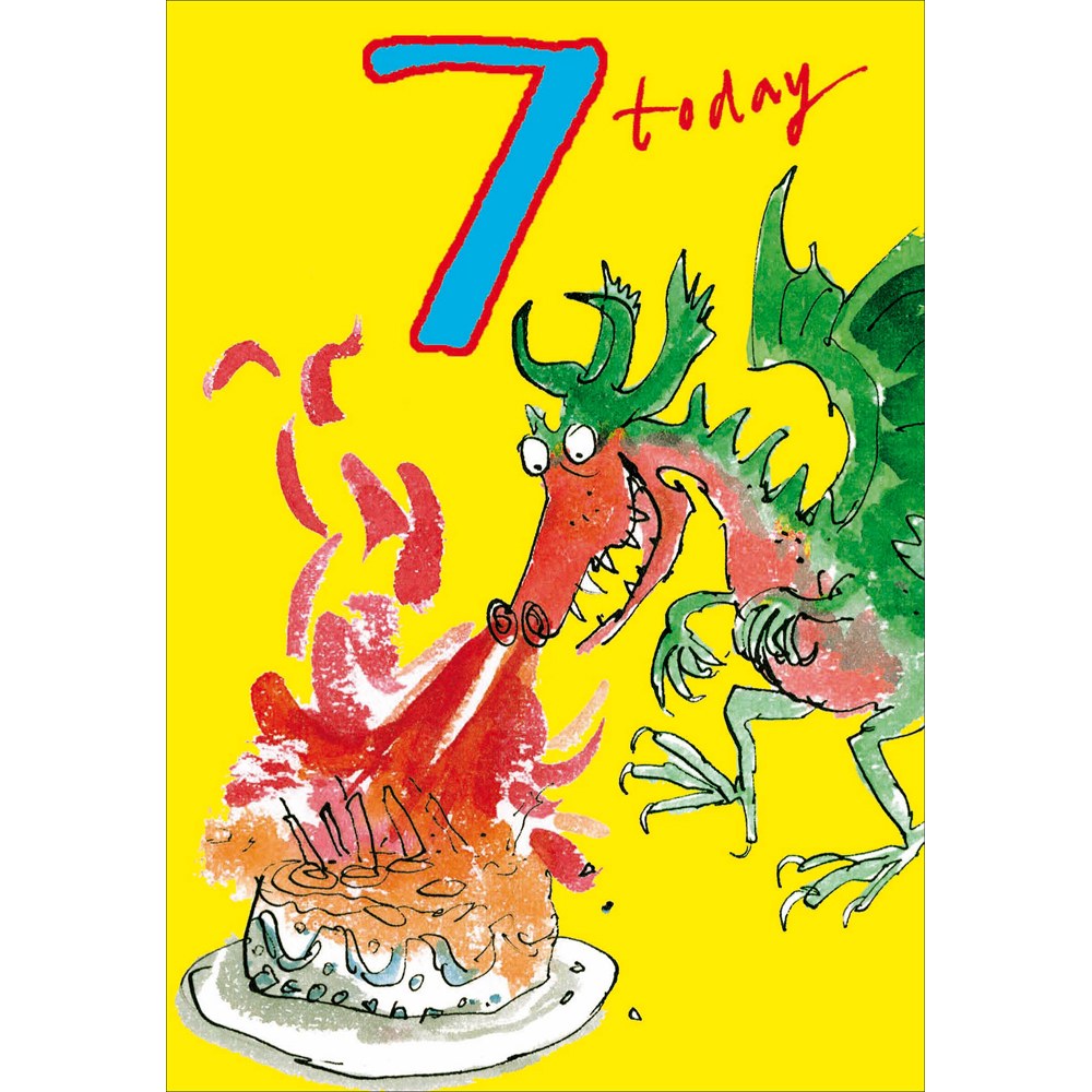 Quentin Blake 7 today birthday card – dragon breathing fire on a birthday cake