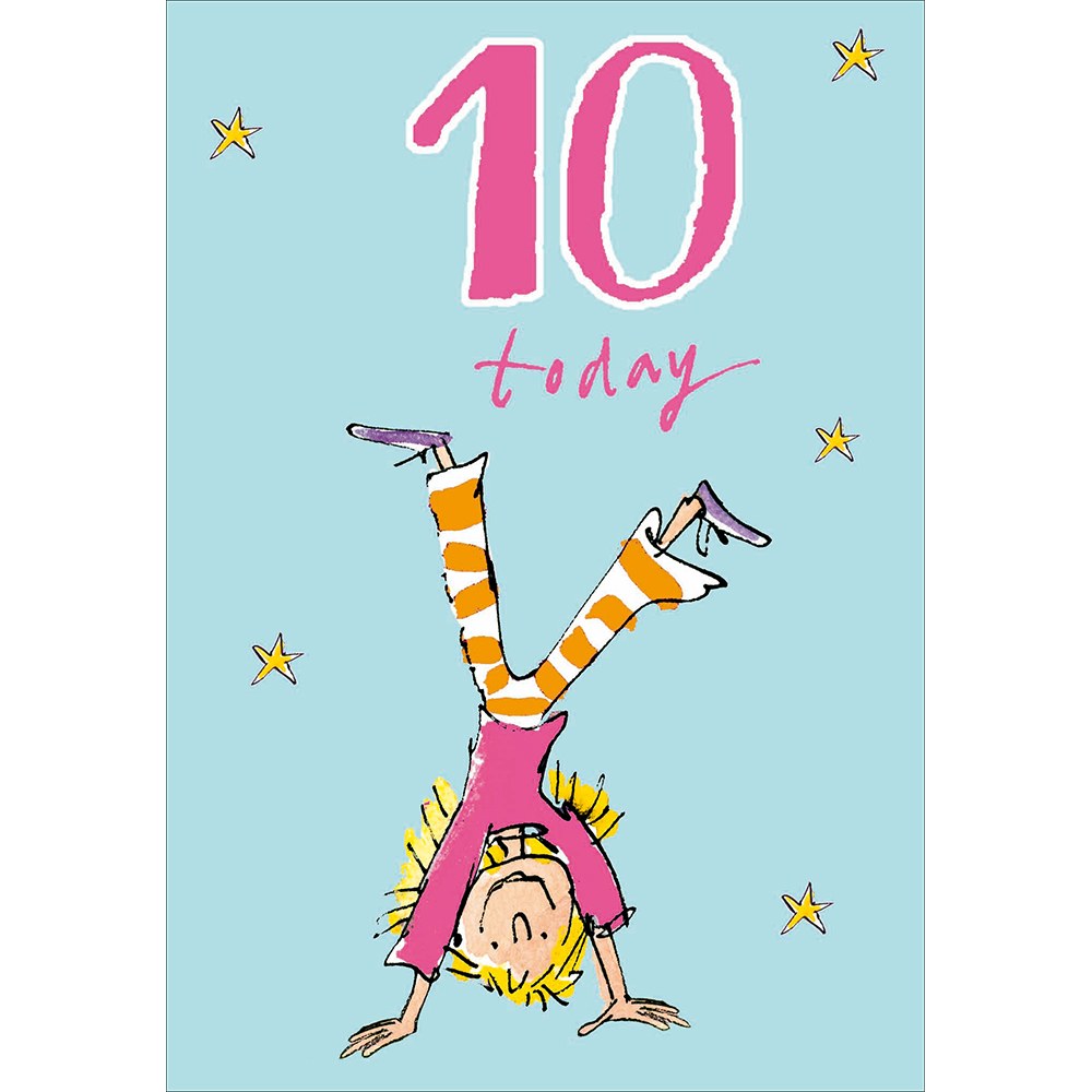 Quentin Blake 10 today birthday card – girl doing a handstand among stars