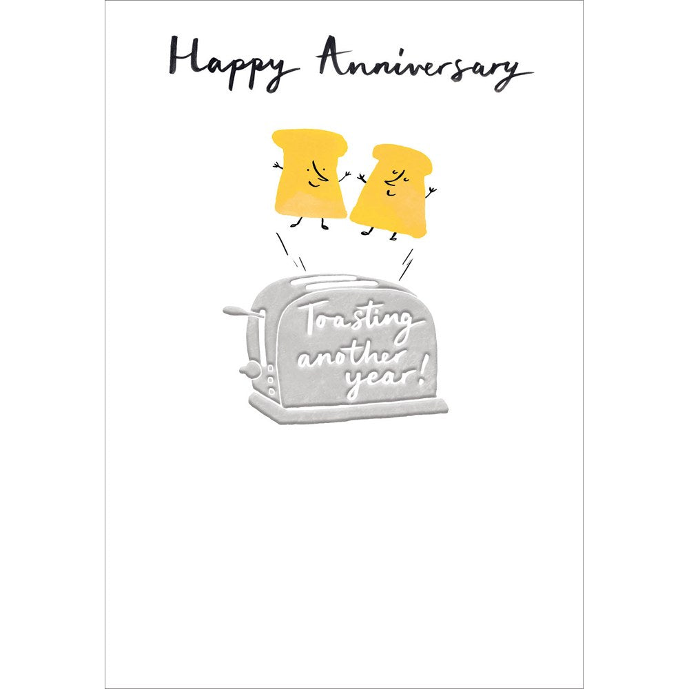 Happy Anniversary card – toast popping from a silver toaster, Toasting another year