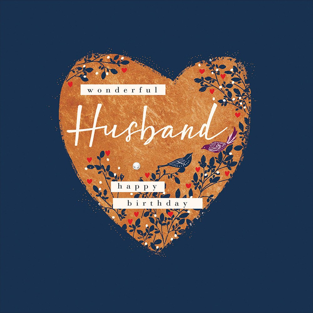 Wonderful Husband birthday card – copper heart with birds and foliage on navy