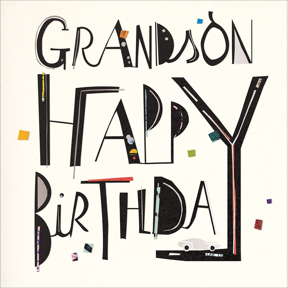 Grandson Happy Birthday card with bold black collage lettering