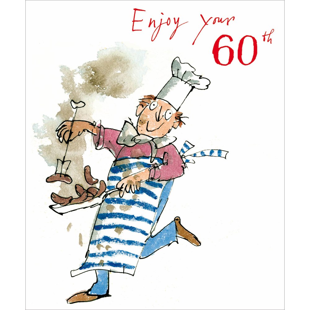 Quentin Blake Enjoy your 60th card – chef carrying a pan of sausages