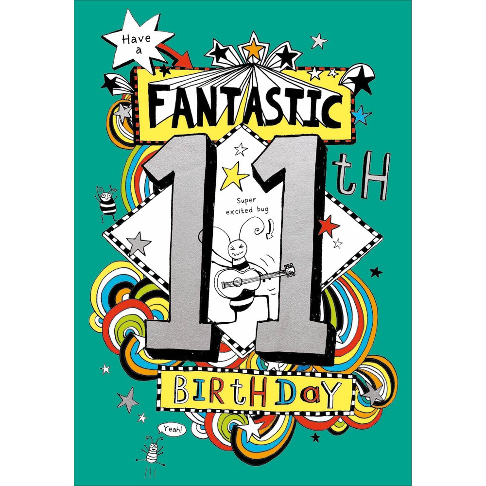 Fantastic 11th Birthday card with silver numerals and rainbow doodles on teal