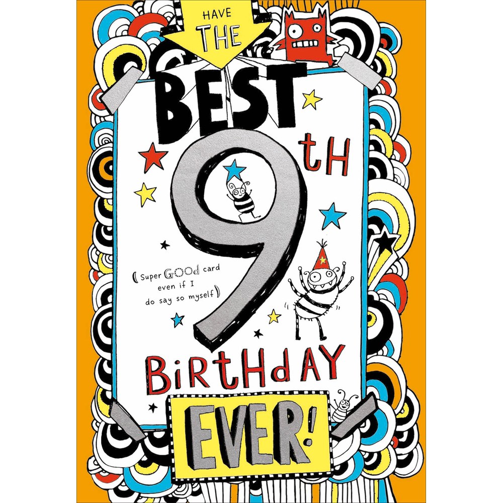 Have the Best 9th Birthday Ever card with doodle monsters and a silver number 9