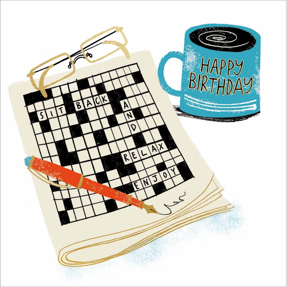Sit back and relax crossword birthday card with glasses, pen and Happy Birthday mug