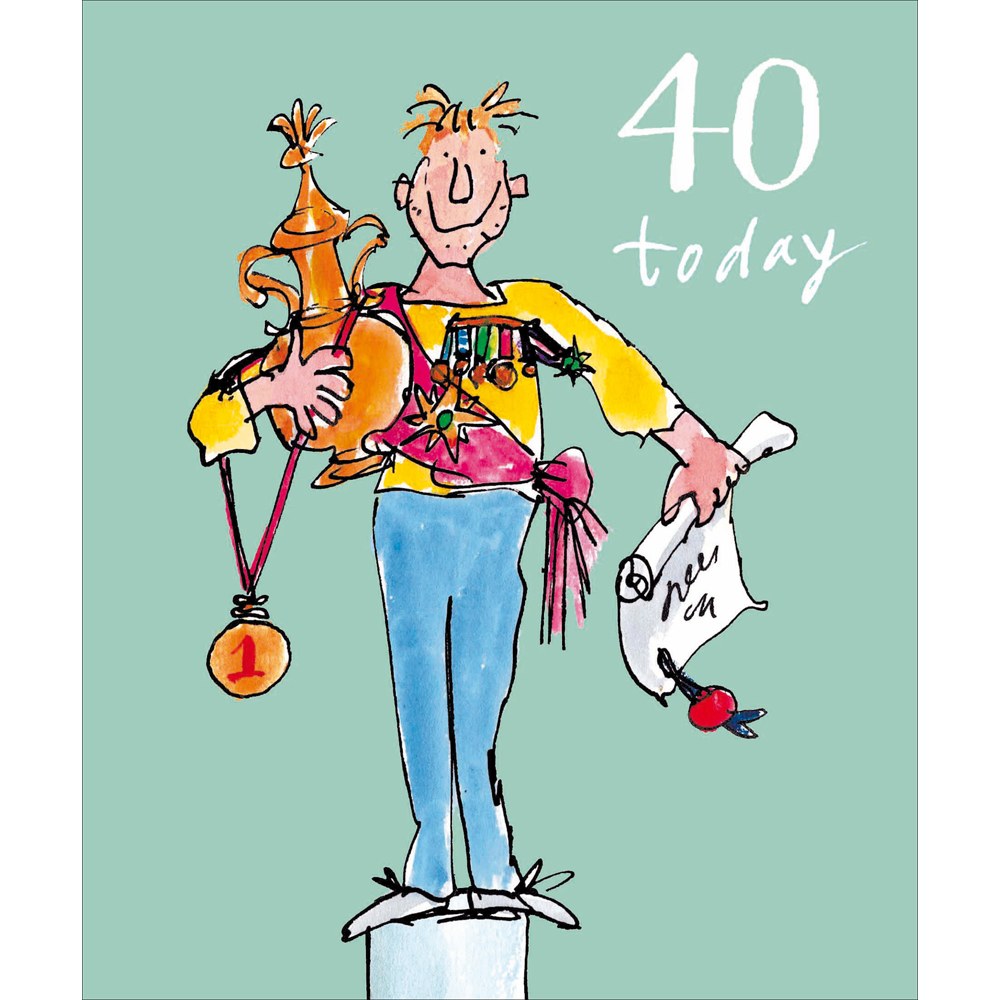 Quentin Blake 40 today card – champion with trophy and medals on a plinth