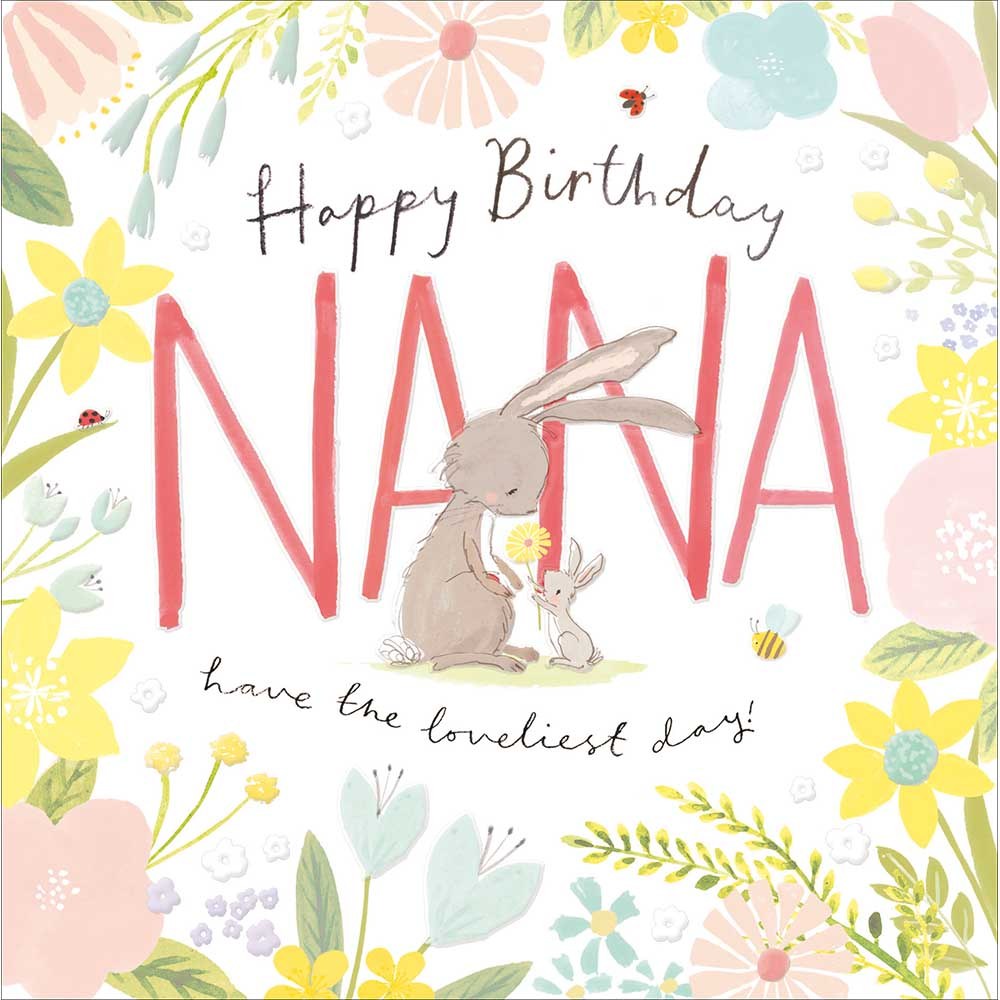 Happy Birthday Nana card with a big and little bunny among pastel flowers