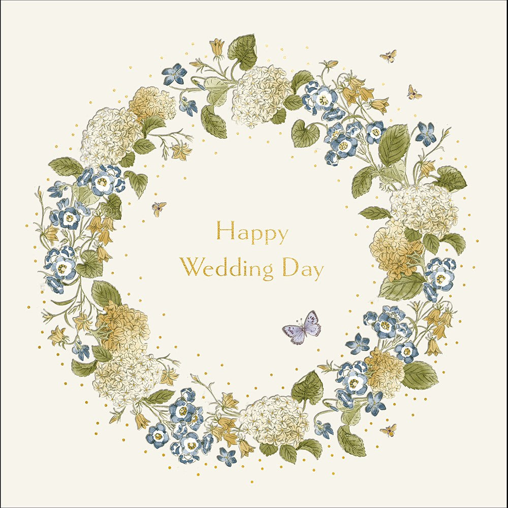 Sanderson Happy Wedding Day card with floral wreath of hydrangeas and blue flowers