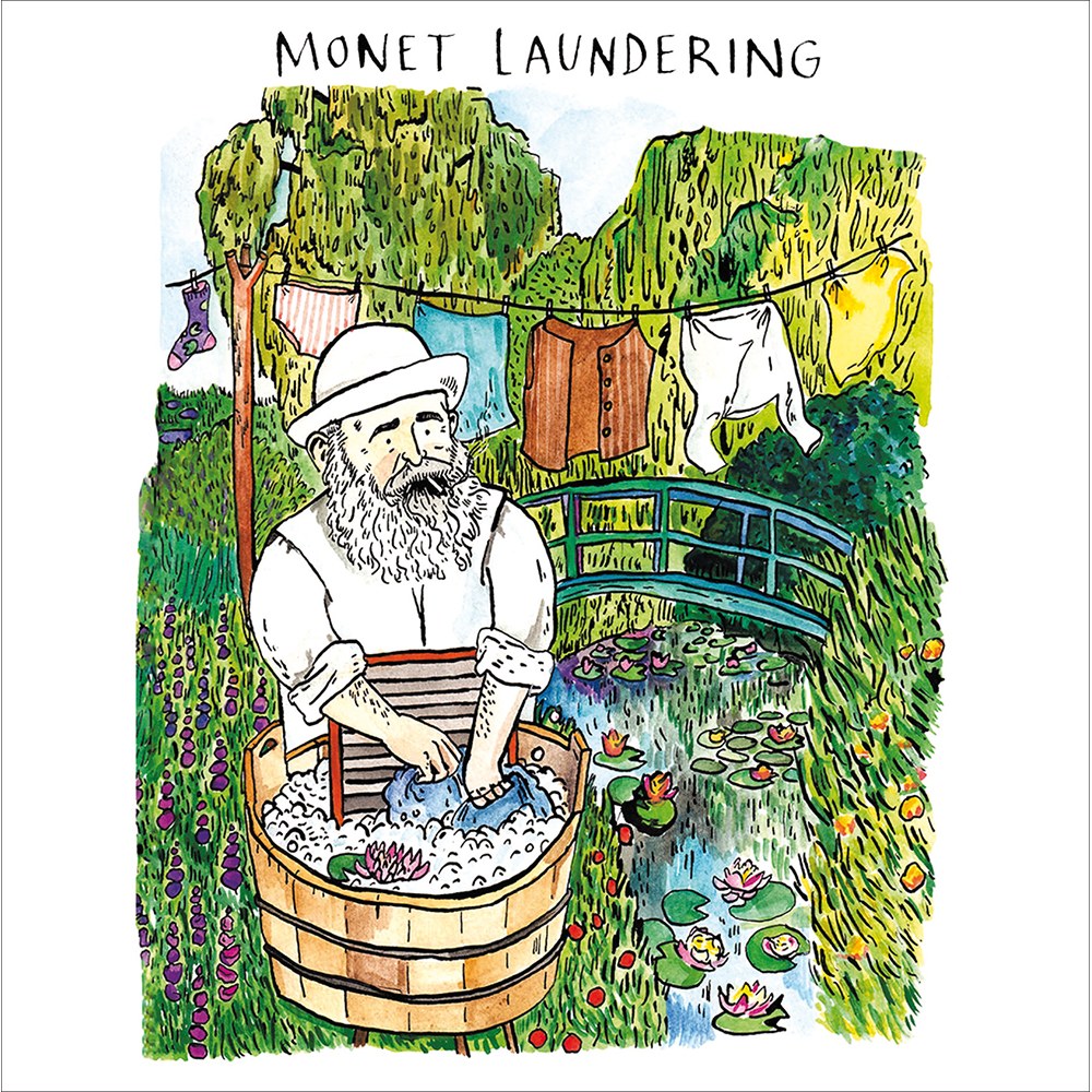 Monet Laundering card – painter washing clothes by a water lily pond and bridge