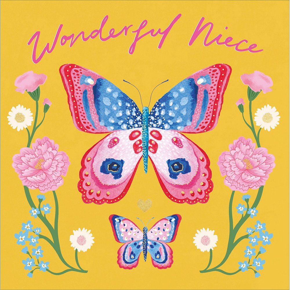 Wonderful Niece card with pink and blue butterflies and flowers on yellow
