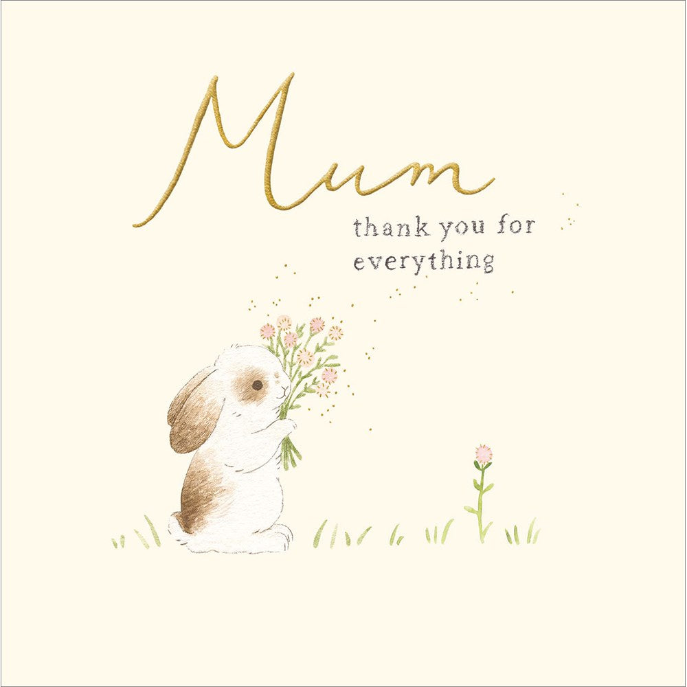 Mum thank you for everything card with watercolour bunny holding pink flowers
