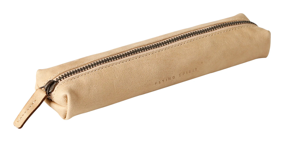 Flying Spirit Aged Leather Slim Round Pencil Case | Beige