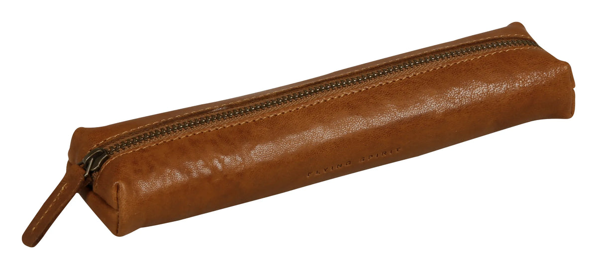 Flying Spirit Aged Leather Slim Round Pencil Case | Cognac