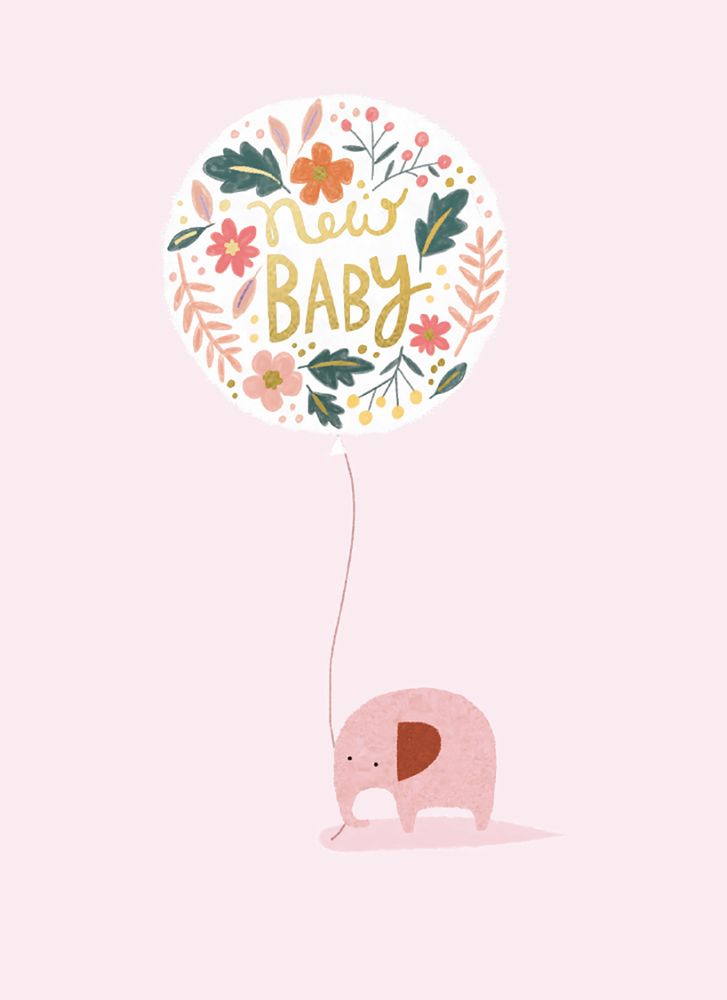 Charlotte Pepper Pink Baby Elephant with Balloon Congratulations Card