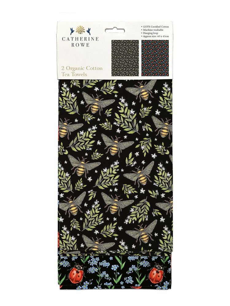 Catherine Rowe Honey Bee Pattern & Ladybirds Organic Cotton Tea Towel