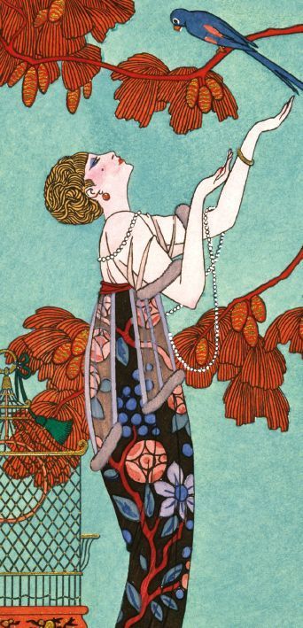 George Barbier Lady and Bird Cage Art Card
