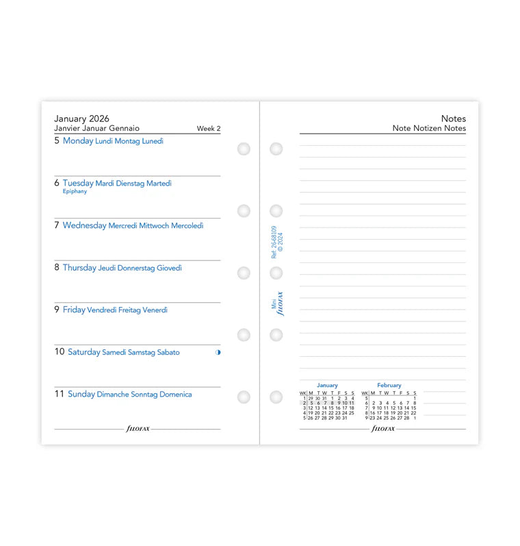 Week On One Page Diary with Notes - Mini 2026 | Multilanguage